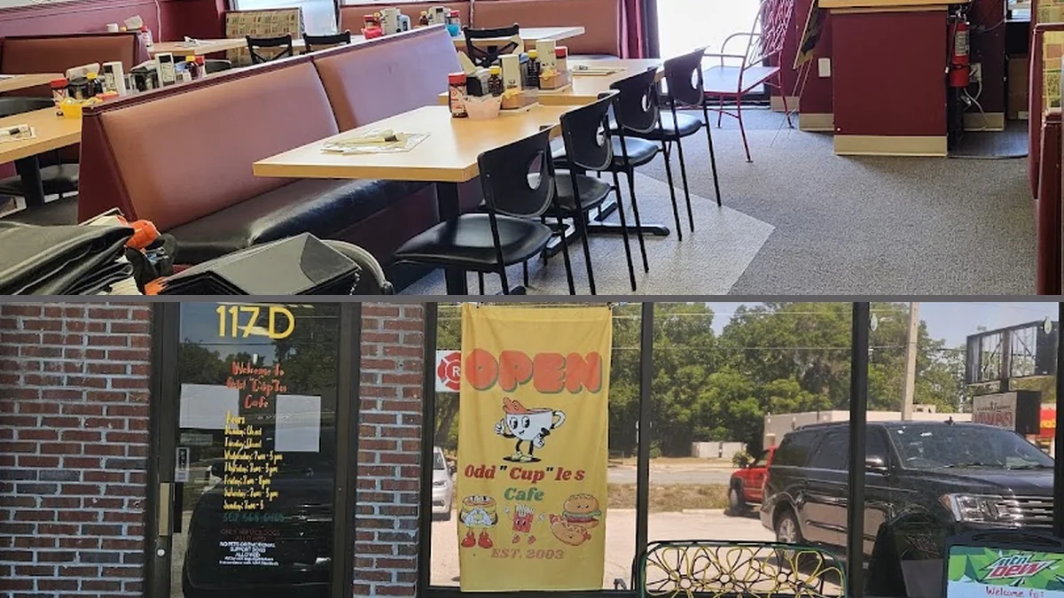 Casual diner tables with simple seating.